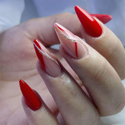 Red Press on Nails Medium Almond Fake Nails with Designs Gold Glitter Line False Nails Press ons Glossy Full Cover Glue on Nail Cute Acrylic Artificial Stick on Nail for Women Manicure 24Pcs