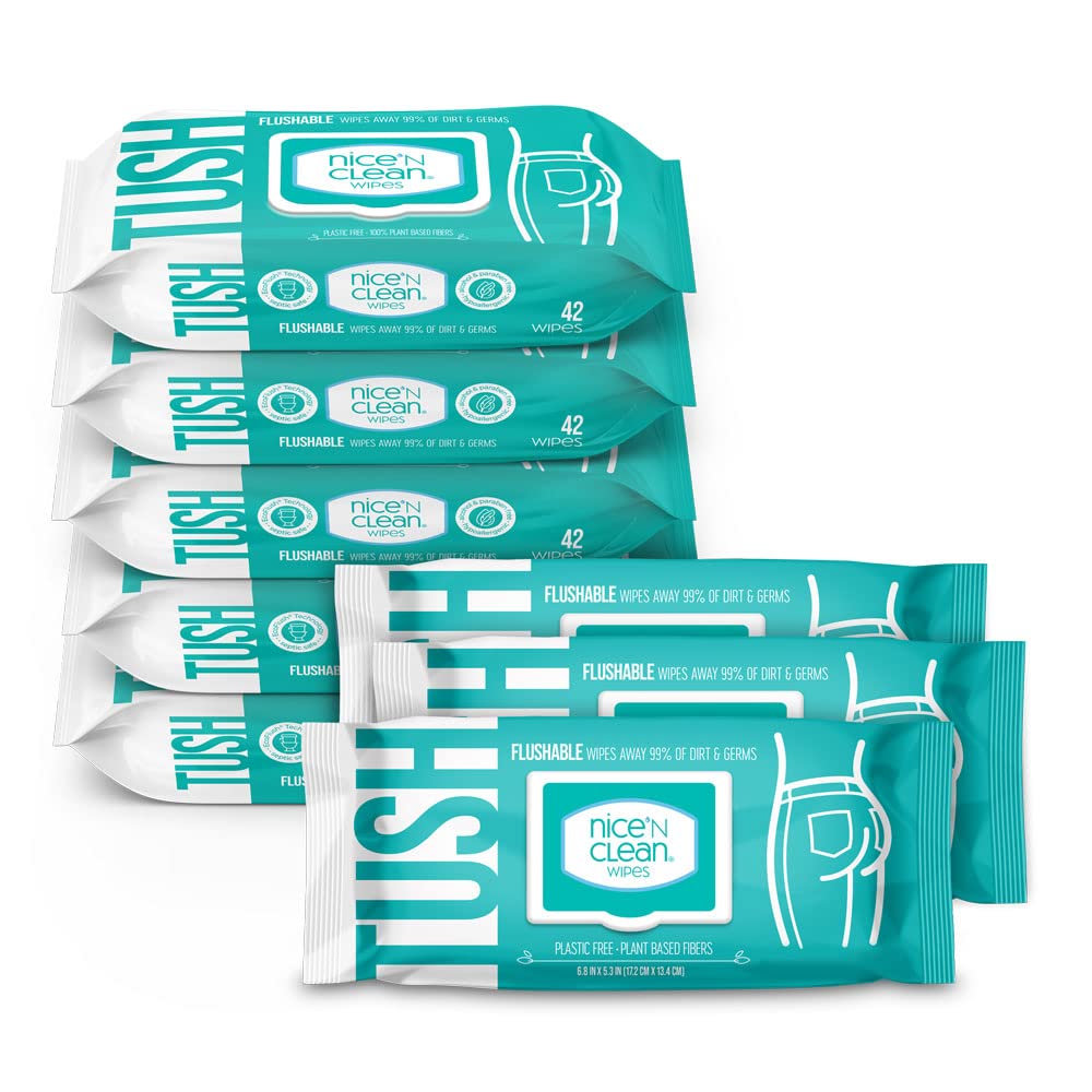 Nice &amp;#39;N Clean Adult Flushable Wipes (8 x 42 Count) | Personal Cleansing Wipes Made from Plant-Based Fibers | Infused with Aloe &amp;amp; Vitamin E