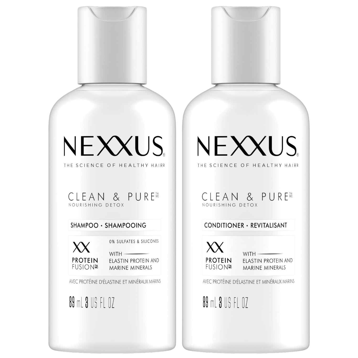 Nexxus Travel Shampoo and Conditioner, Clean & Pure – Hair Products with Elastin Protein and Marine Minerals, Sulfate-Free, 3 Oz Ea