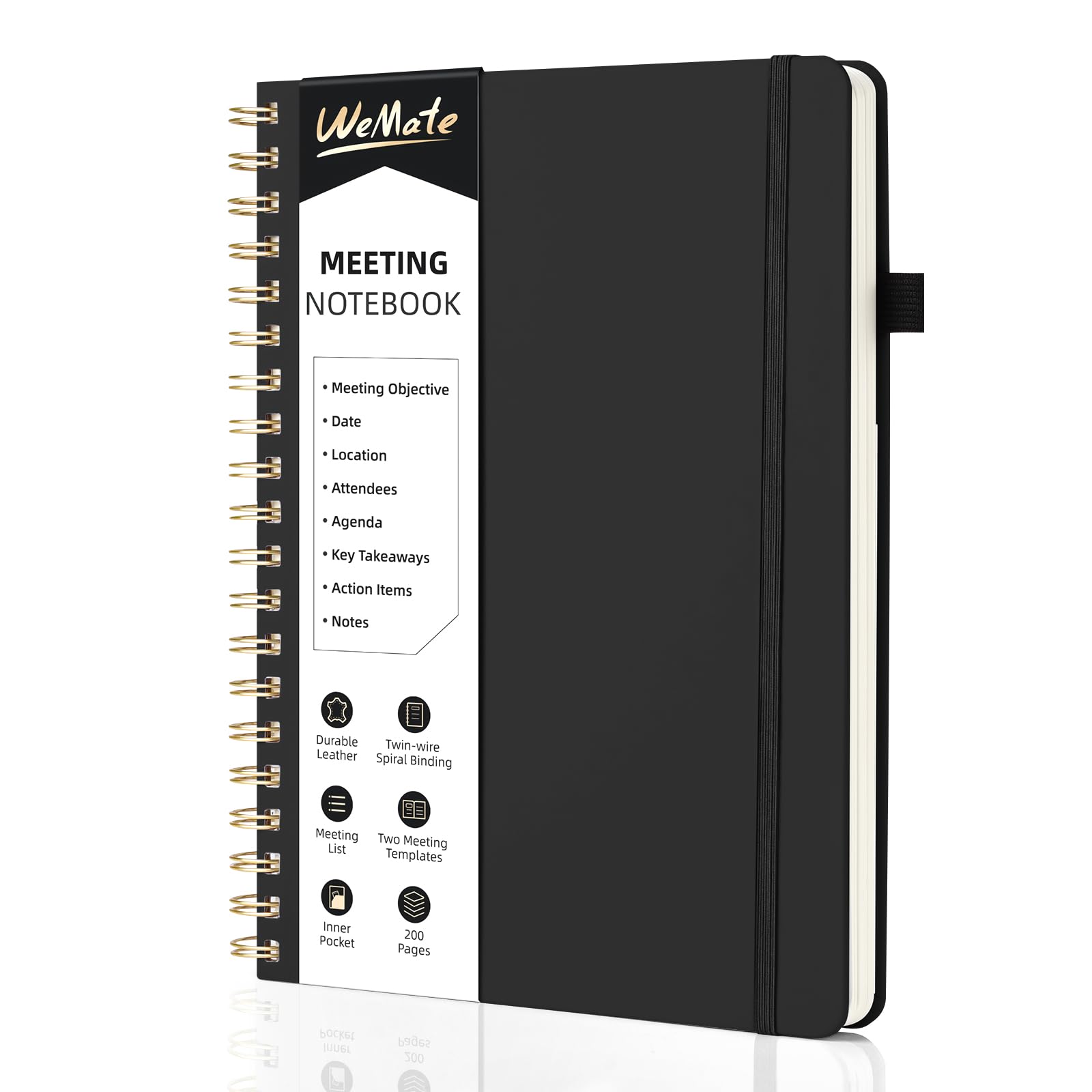 WEMATE Meeting Notebook for Work B5 (7&amp;#34;x10&amp;#34;) - PU Leather Work Notebook with Agenda, Action Items &amp;amp; Notes - 200 Pages for Men&amp;amp;Women, Staff and Students, Meeting, Projects Planning - Black