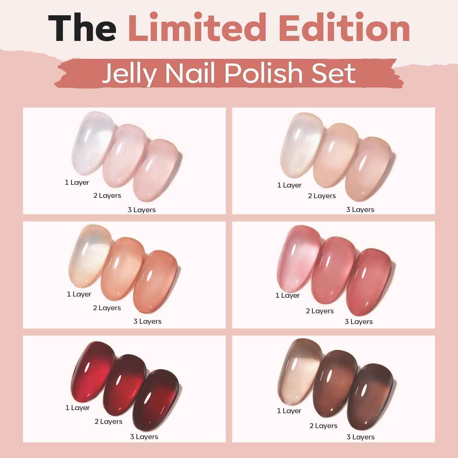 modelones Jelly Nail Polish 6 Colors, Sheer Nude Mini Nail Polish Set Red Pink Brown Quick Dry Spring Summer Fingernail Polish for DIY Nail Art Salon Home Gift for Women Girl