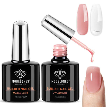 modelones Builder Nail Gel, 2 Pcs Clear and Cover Nude Builder Nail Polish, 8-in-One Apex Building Thickening Strengthener Extension Rubber Color Base Gel for DIY Home Salon Gifts LED Lamp Cured 10ml