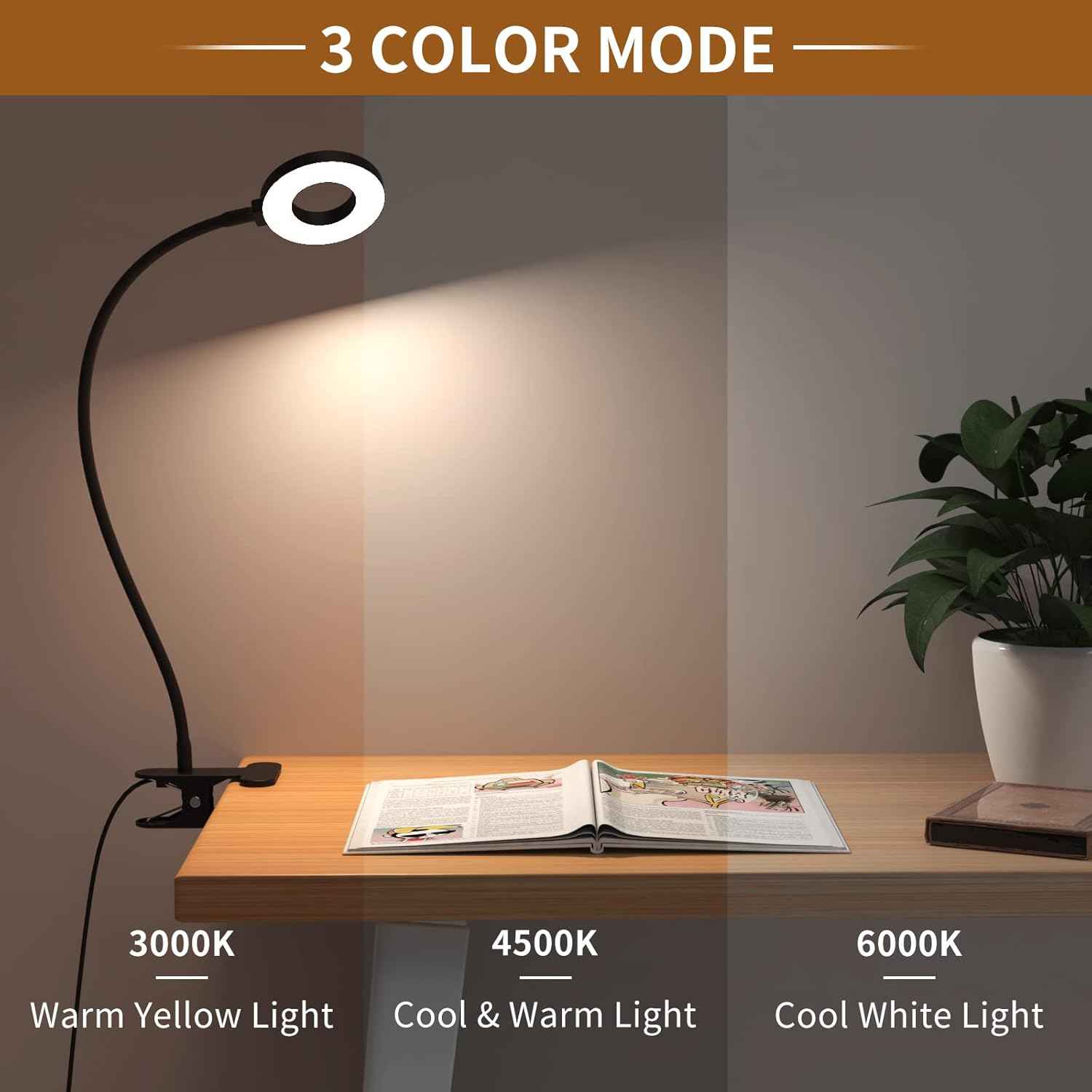 iZELL Desk Lamp, [3 Color Modes & 10 Brightness] LED Reading Light with Clamp, Silicone Flexible Arm Book Light for Kids Reading Book in Bed at Night Clip on Table, Headboard, Dorm - 15.8‘’ Black