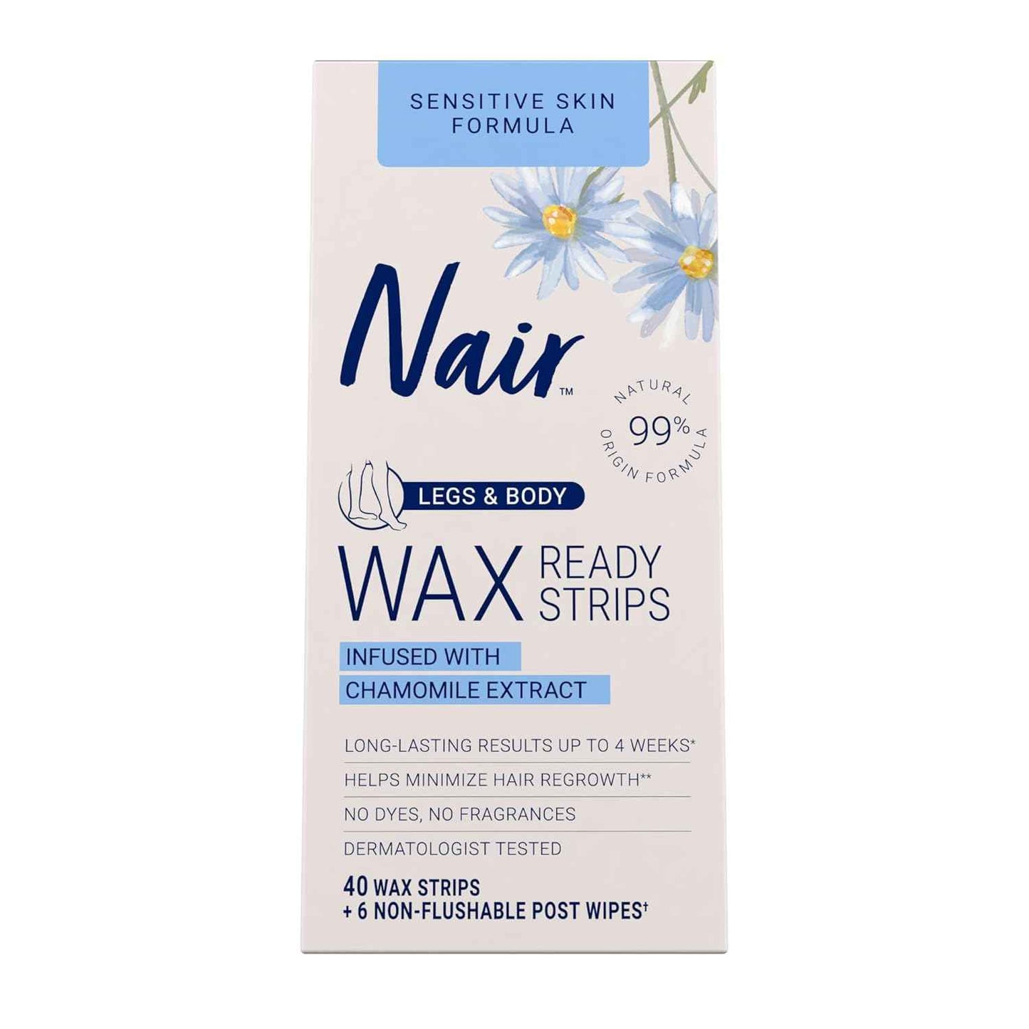 Nair Sensitive Hair Remover Mess-Free Wax Ready Strips, Legs and Body Easy Hair Removal Wax Strips for Sensitive Skin, Chamomile Extract, Dermatologist Tested, Plus 6 Post Wipes