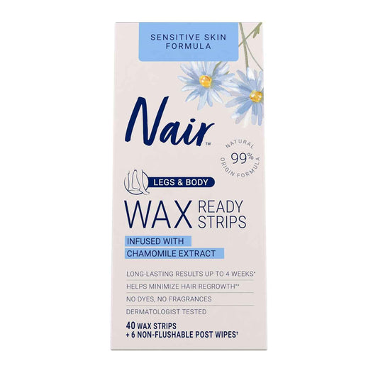 Nair Sensitive Hair Remover Mess-Free Wax Ready Strips, Legs and Body Easy Hair Removal Wax Strips for Sensitive Skin, Chamomile Extract, Dermatologist Tested, Plus 6 Post Wipes
