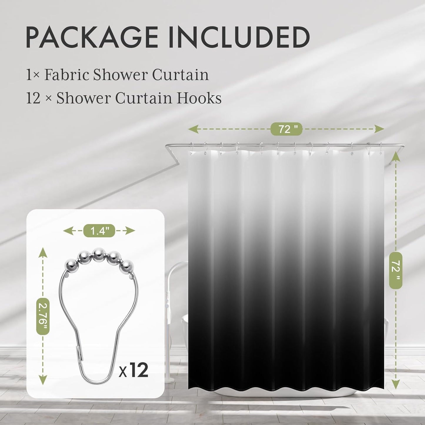 AmazerBath_Shower_Curtain,_Cloth_Ombre_Black_Shower_Curtain_Set_with_12_Hooks,_Washable_Fabric_Black_and_White_Shower_Curtain,_Rustic_Farmhouse_Bathroom_Shower_Curtain,_72x72_Inches