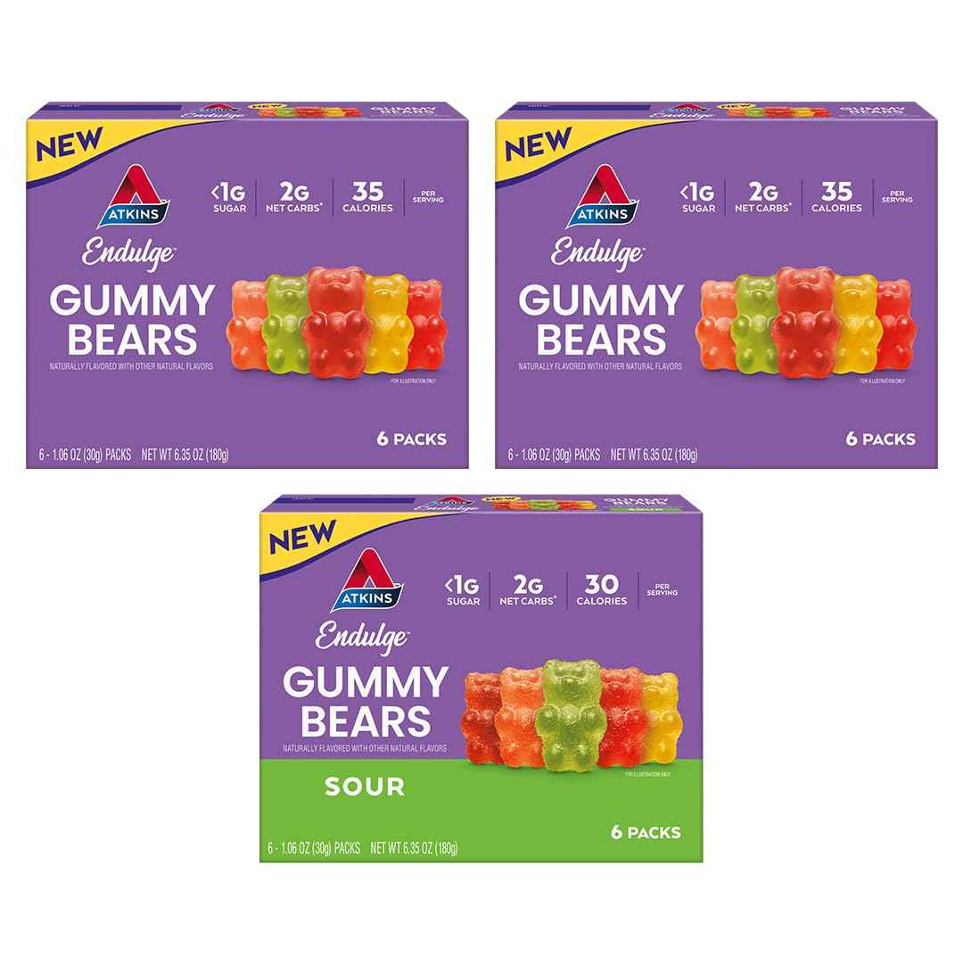 Atkins Endulge Gummy Bears Variety Pack, Low Sugar, Keto Friendly Candy, 18 Pack (12 Sweet Gummy Bears, 6 Sour Gummy Bears)