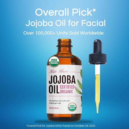 Kate Blanc Cosmetics Jojoba Oil Organic for Hair, Skin & Face (100% Pure, Cold Pressed, Unrefined, Natural, Hexane Free, Glass Bottle)