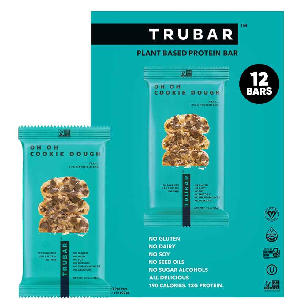 TRUBAR Vegan Protein Bar, Assorted Flavors, Gluten Free, Vegan Protein Snacks, 12G Plant-Based Protein, High Fiber, Healthy Protein Bars