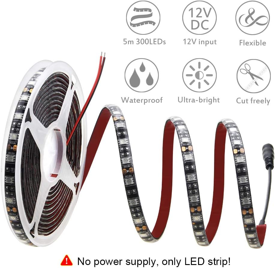 ALITOVE_16.4ft_5050_SMD_Red_LED_Flexible_Strip_Ribbon_Light_5M_300_LEDs_Waterproof_IP65_DC_12V_for_Home_Garden_Commercial_Area_Lighting,_Without_Power_Supply