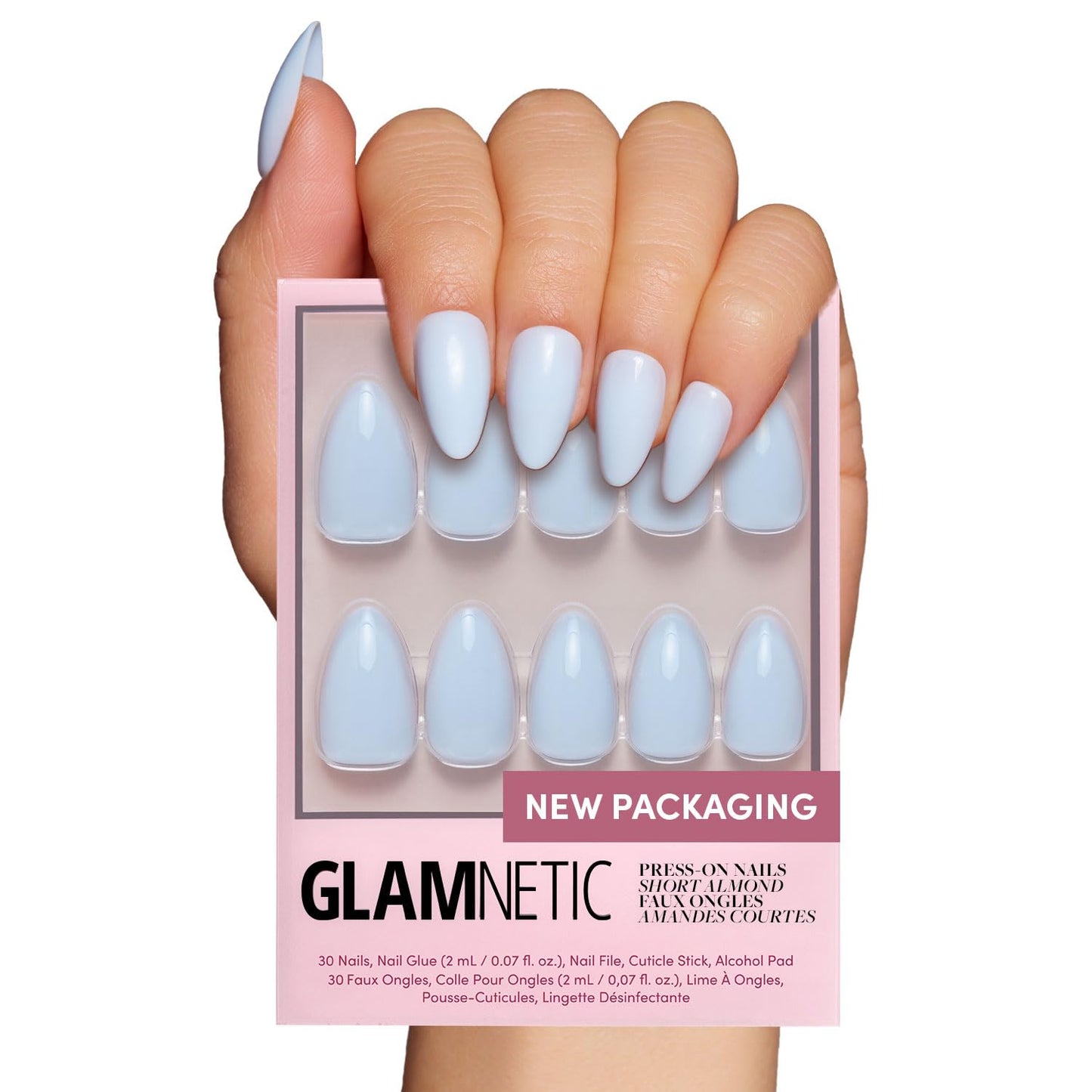 Glamnetic Press On Nails - Blueberry Milk | Solid Opaque Light Blue Short Almond Fake Nails, Salon Quality | 15 Sizes - 30 Nail Kit with Glue