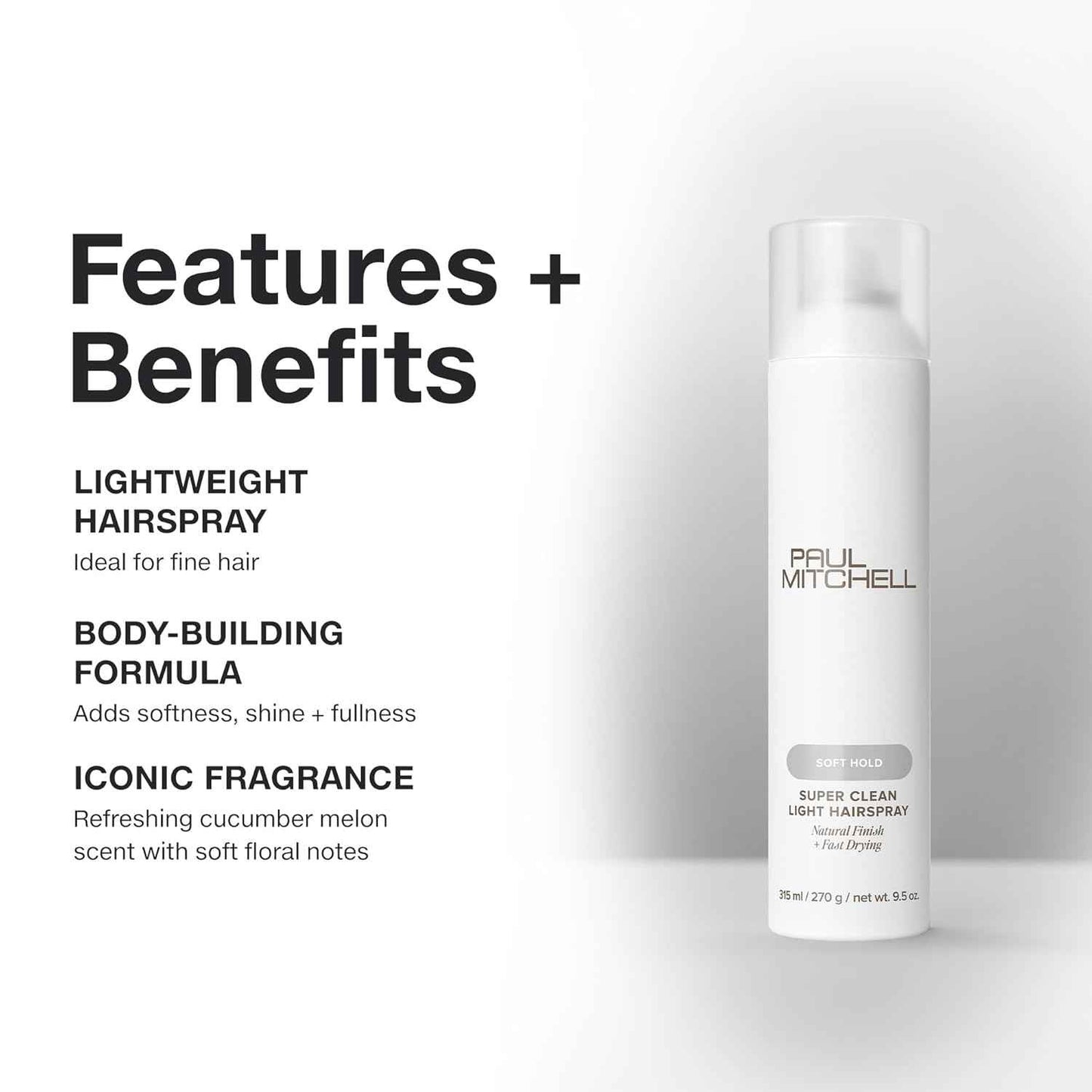 Paul Mitchell Super Clean Light Hairspray, Fast Drying, Soft Hold + Natural Finish, For Fine Hair, 9.5 oz