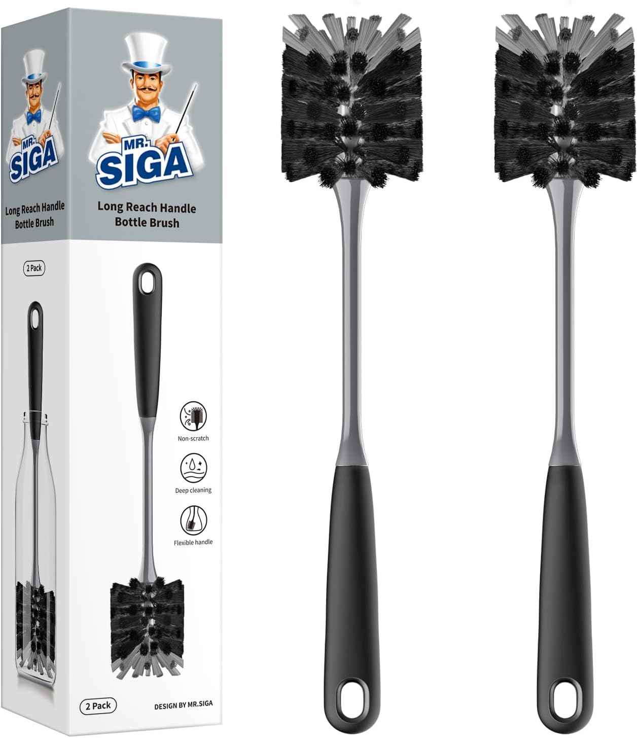 MR.SIGA Long Handle Bottle Brush, Flexible Scrub Brush for Water Bottles, Glasswares, Mugs, 2 Pack
