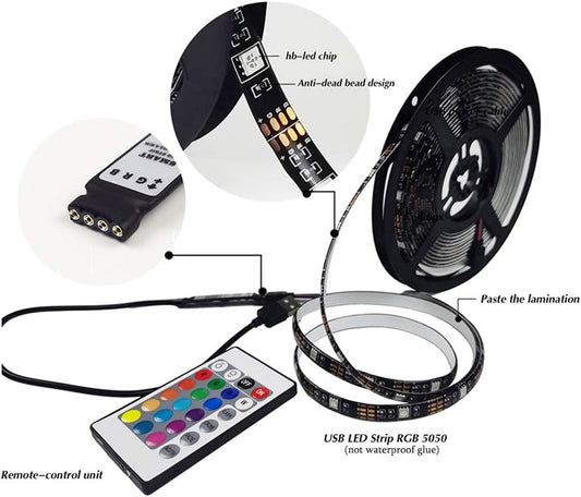 RGB_Led_Strip_16.4ft,5V_USB_Colorful_30LED_S/M_SMD_5050_Flexible_Lights_for_TV_Backlight_Room_Decor，with_24_Keys_Remote_Controller
