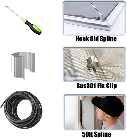 King&Charles_Window_Screen_Door_Repair/Replacement_Kit,_Include_Black_Screen_Mesh_48"x118"+_2_Roller+50Ft_Spline+8Clips+Hook,_6_in_1_Window_Mesh_Kit,_Steel/Nylon_Bearing_Roller