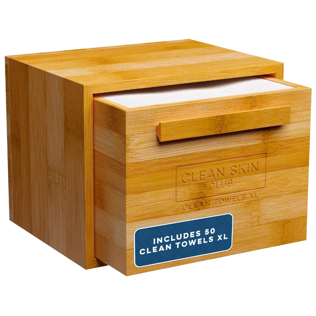 Clean_Skin_Club_Luxe_Bamboo_container_with_pullout_drawer_includes_Clean_Towels®_Original_XL_50_Count,_Disposable_Face_Towel_Holder_for_Bathroom_Counter