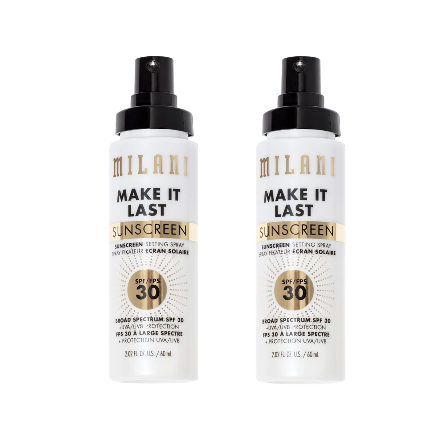 Milani Sunscreen Setting Spray + Primer, Make It Last Sunscreen for Face- SPF 30 UVA &amp;amp; UVB Protection Antioxidant Rich Formula for Broad Spectrum Protection, Prime + Set + Protect, 2.02Fl. Oz - 2 Pack