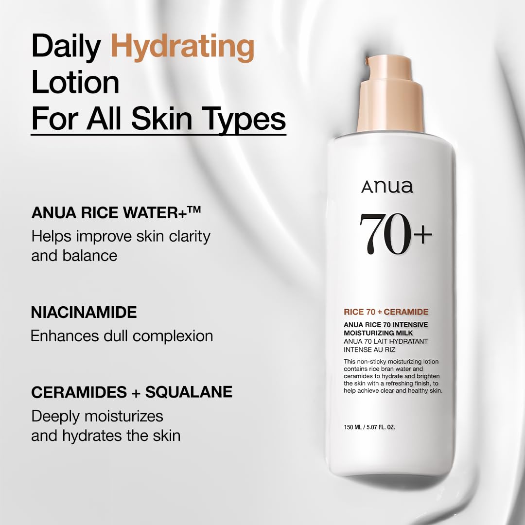 ANUA_Rice_70_Intensive_Moisturizing_Milk,_Hydrating_Face_Lotion,_Niacinamide,_Ceramides,_All_Skin_Types,_Sensitive,_Skin_Moisture_Barrier,_Lightweight_Nourishing,_Korean_Skincare,_5.07_fl.oz.