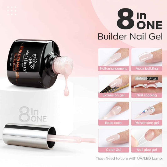 modelones Builder Nail Gel, 2 Pcs Clear and Cover Nude Builder Nail Polish, 8-in-One Apex Building Thickening Strengthener Extension Rubber Color Base Gel for DIY Home Salon Gifts LED Lamp Cured 10ml
