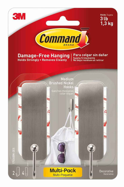 Command Medium Wall Hook, 2 Coat Hooks and 4 Strips, Damage-Free Hanging with Adhesive, No Tools Great for Hanging Home Decor, Holds up to 3 lb