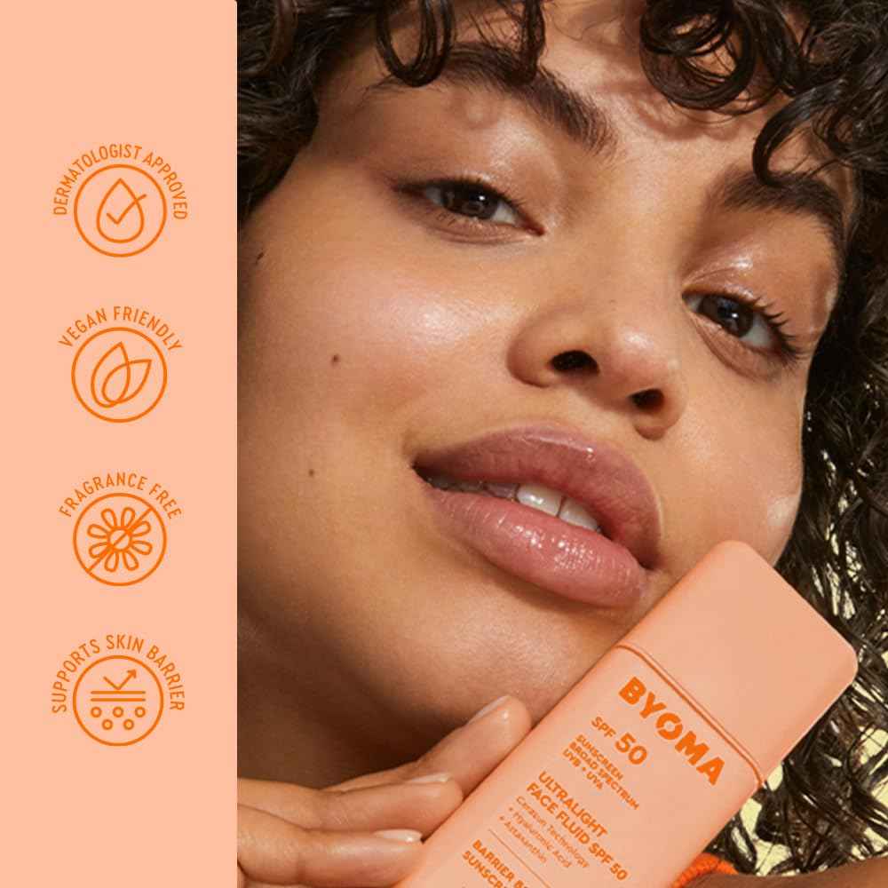 BYOMA SPF 50 Face Fluid - Ultra-Lightweight Facial Sunscreen for All Skin Tones - Luminous Glow, No White Cast - SPF Moisturizer Strengthens Skin Barrier - 1.69 fl.oz