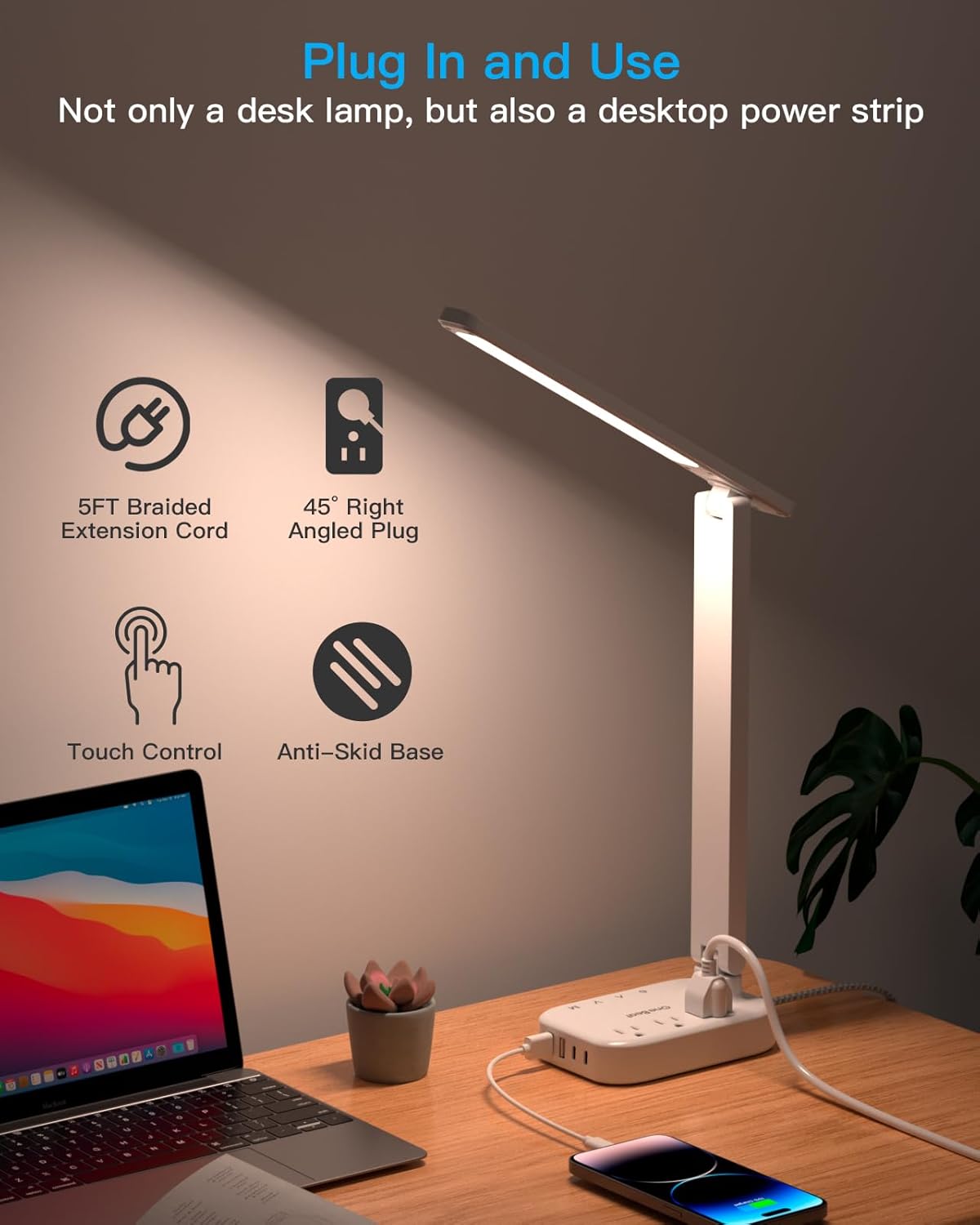One_Beat_LED_Small_Desk_Lamp_Power_Strip_5ft_Extension_Cord,_3_Outlets,_4_USB_Ports(2_USB_C),_4_Modes,_5_Level_Touch-_Home,_Office,_Bedroom,_Bedside,_Study_Reading_Light,_Dorm_Room_Essentials,_White