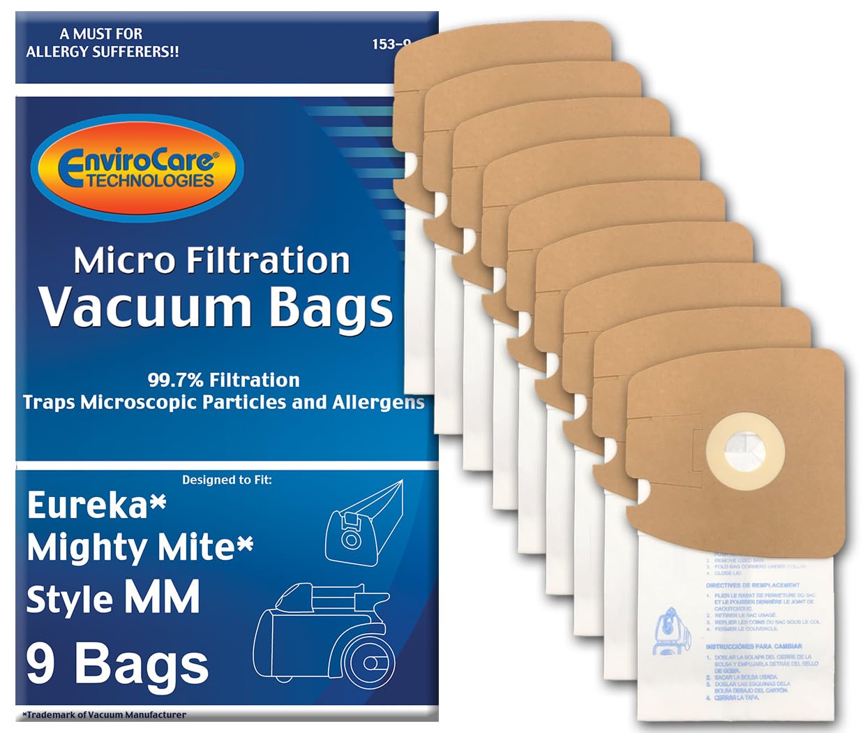 Envirocare Premium Replacement Multi-layer Micro Filtration Vacuum Bags Made to fit Eureka Style MM Eureka Mighty Mite 3670 and 3680 Series Canisters 9 Bags