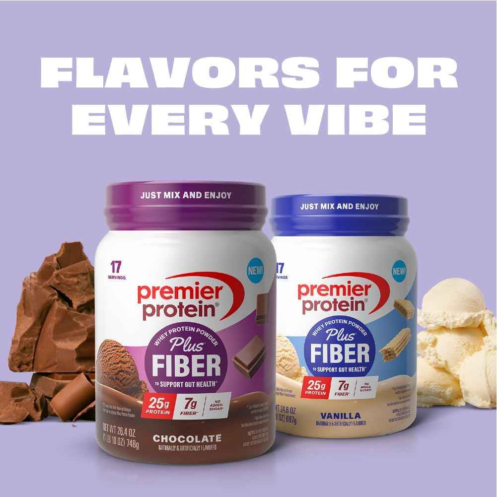 Premier Protein Powder Plus Fiber, 25g Protein, 7g Fiber to Support Gut Health, No Added Sugar (17 Servings)