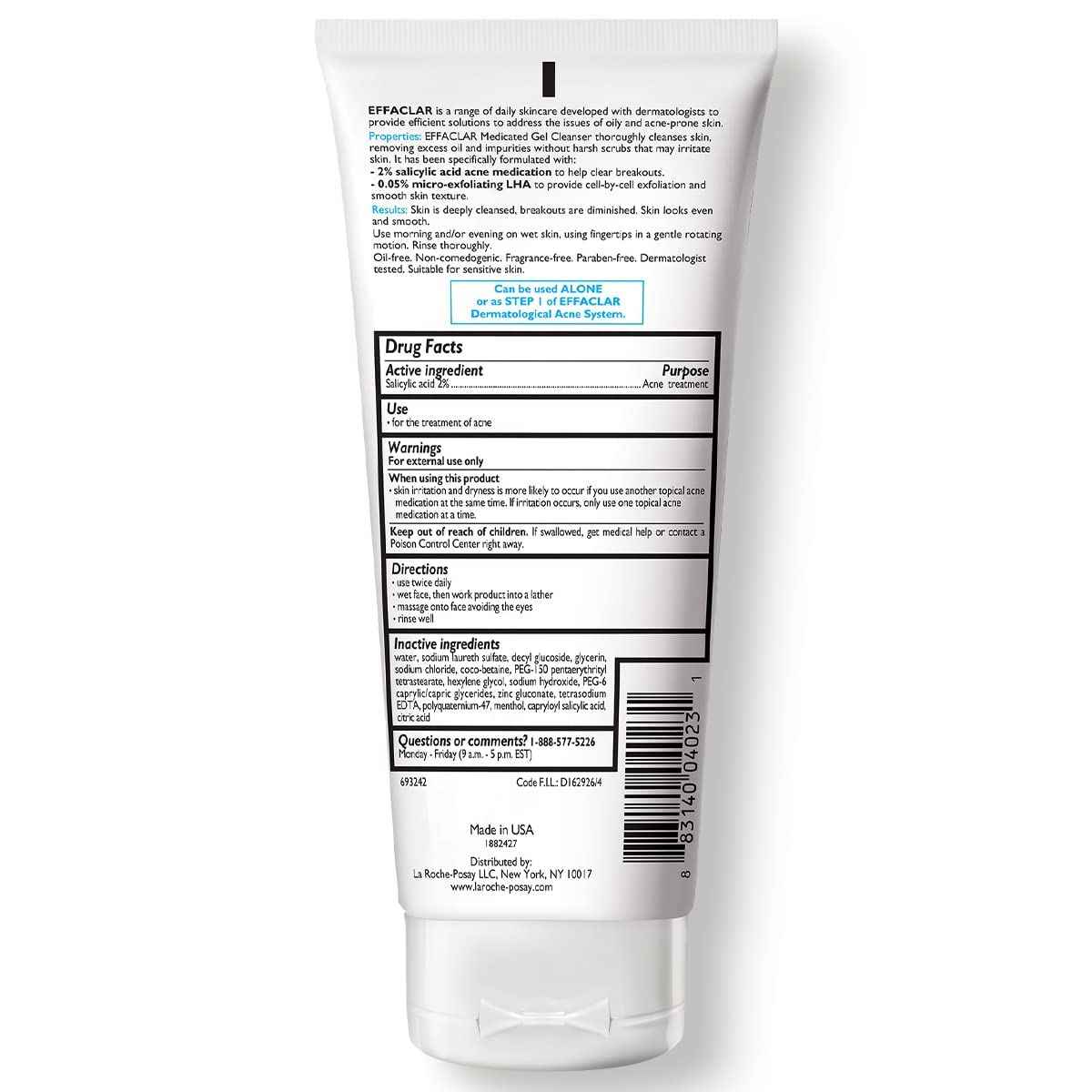 La Roche-Posay Effaclar Medicated Gel Cleanser, 2% Salicylic Acid Cleanser + LHA + Glycerin, Foaming Acne Face Wash, Helps Clear & Prevent Acne Breakouts, Oil Free, Targets Excess Oil