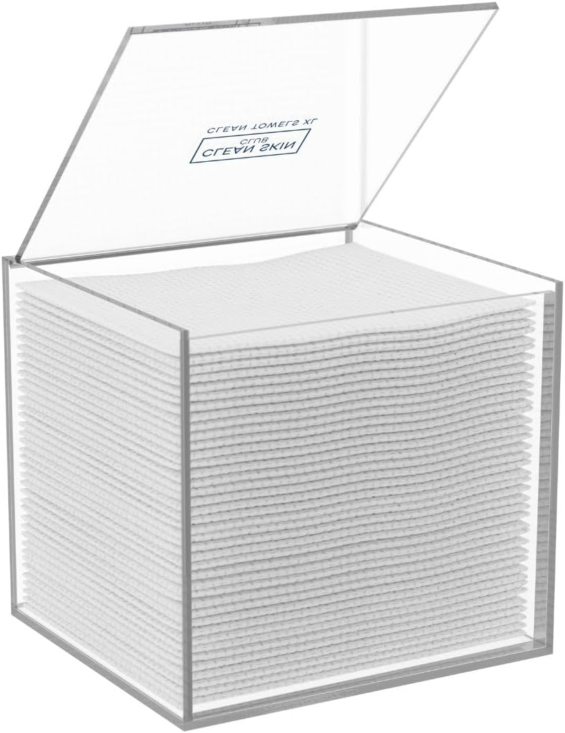 CLEAN_SKIN_CLUB_Clear_Acrylic_Box_for_Clean_Towels_XL_(NOT_Included),_Container_For_50_Disposable_Clean_Towels_XL,_Face_Towelettes_Bathroom_Counter_Storage,_Bin_for_Cleansing_Facial_Dry_Wipes
