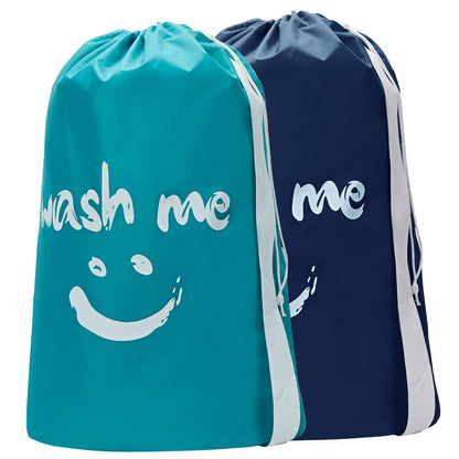 HOMEST 2 Pack XL Wash Me Travel Laundry Bag with Strap, Dirty Garments Organizer, Large Enough to Hold 4 Loads of Clothes, Easy Fit a Hamper or Clothing Basket, Azure and Blue