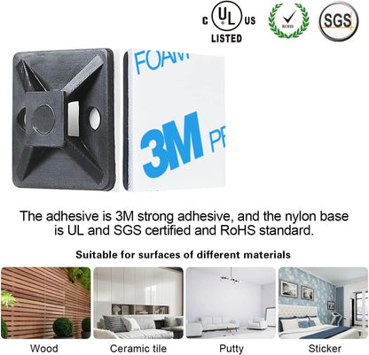 XHF_3/4"_Strong_Back-Glue_Self_Adhesive_Black_Cable_Zip_Tie_Mounts_100pcs_with_8"_Zip_Ties,_Screws,_UV_Protection_Outdoor_Sticky_Wire_Fasteners_Cable_Clips_Management_Anchors_Organizer_Holders_Squares