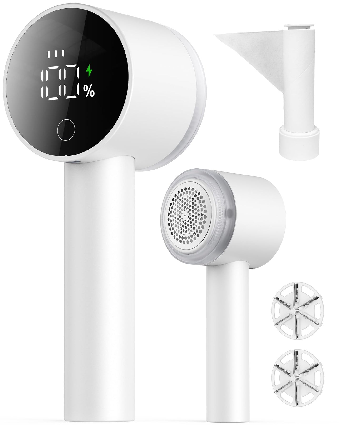 Fabric Shaver, 2 in 1 Rechargeable Sweater Shaver with Lint Roller, Magnetic Cap, Digital Display, 2 Extra Blades, Defuzzer for Clothing Furniture Couch