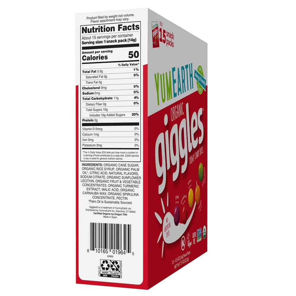 YumEarth Organic Giggles Chewy Candy – Allergy Friendly, No Artificial Dyes, Non GMO, Gluten Free, Fruit Flavored, Vegan Candy Snacks 0.5 oz