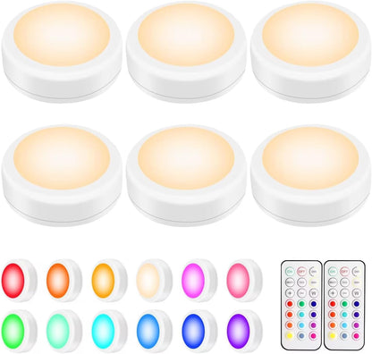 BLS_LED_Puck_Lights_with_Remote_Control,_Wireless_Under_Cabinet_&_Closet_Lighting,_RGB_13_Color_Changing_Lights_with_Dimmer,_Timer_&_AA_Battery_Operated,_Push,_Touch,_Stick_on_for_Night,_Wall,_2_Pack/6_Pack