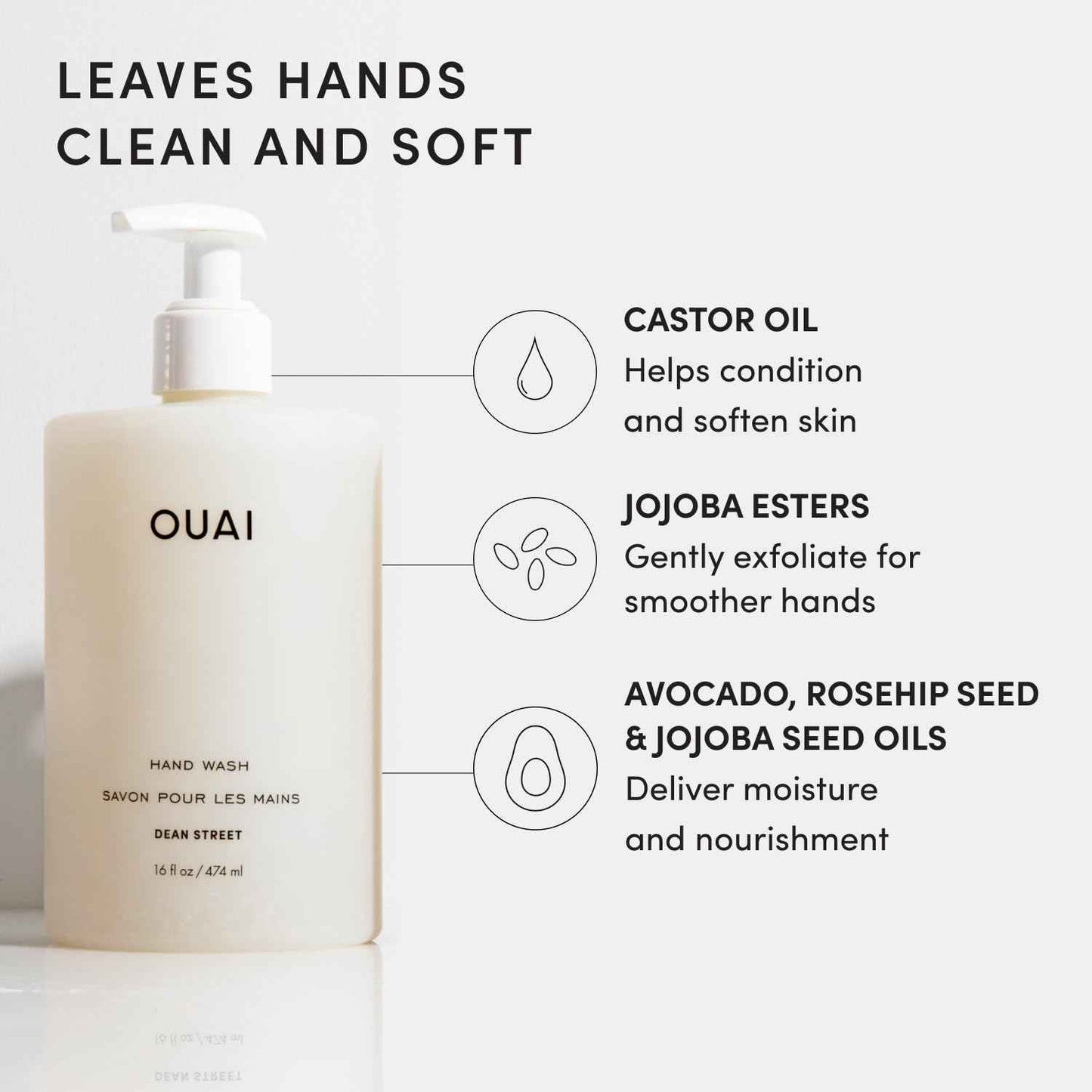 OUAI Hand Wash, Dean Street - Liquid Hand Soap with Jojoba, Avocado, & Rose Hip Oil for Replenished Skin - Gentle Exfoliating Kitchen & Bathroom Soap