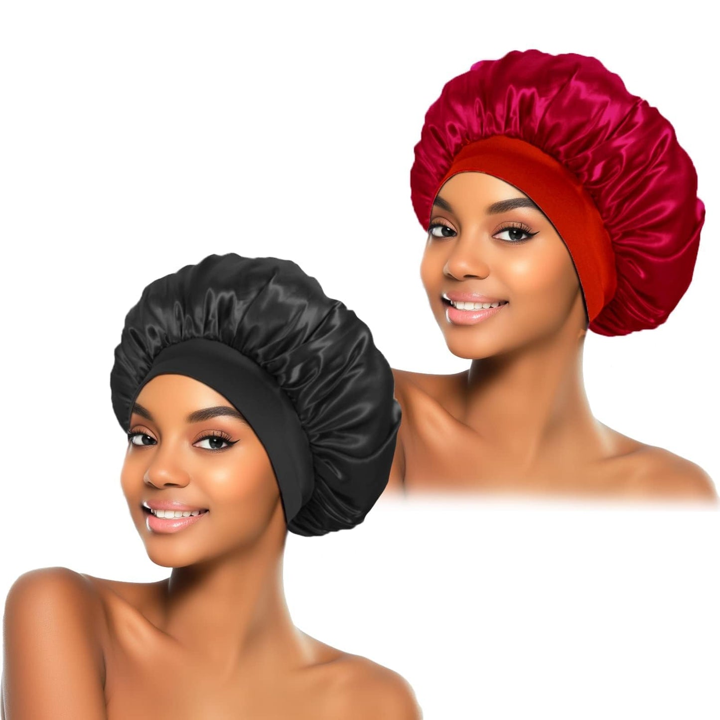 ZHENSILK 2Pcs Silk Bonnet for Sleeping, Satin Hair Bonnets, Soft Elastic Band Silk Sleep Cap, Hair Wrap for Women(Black Burgundy)
