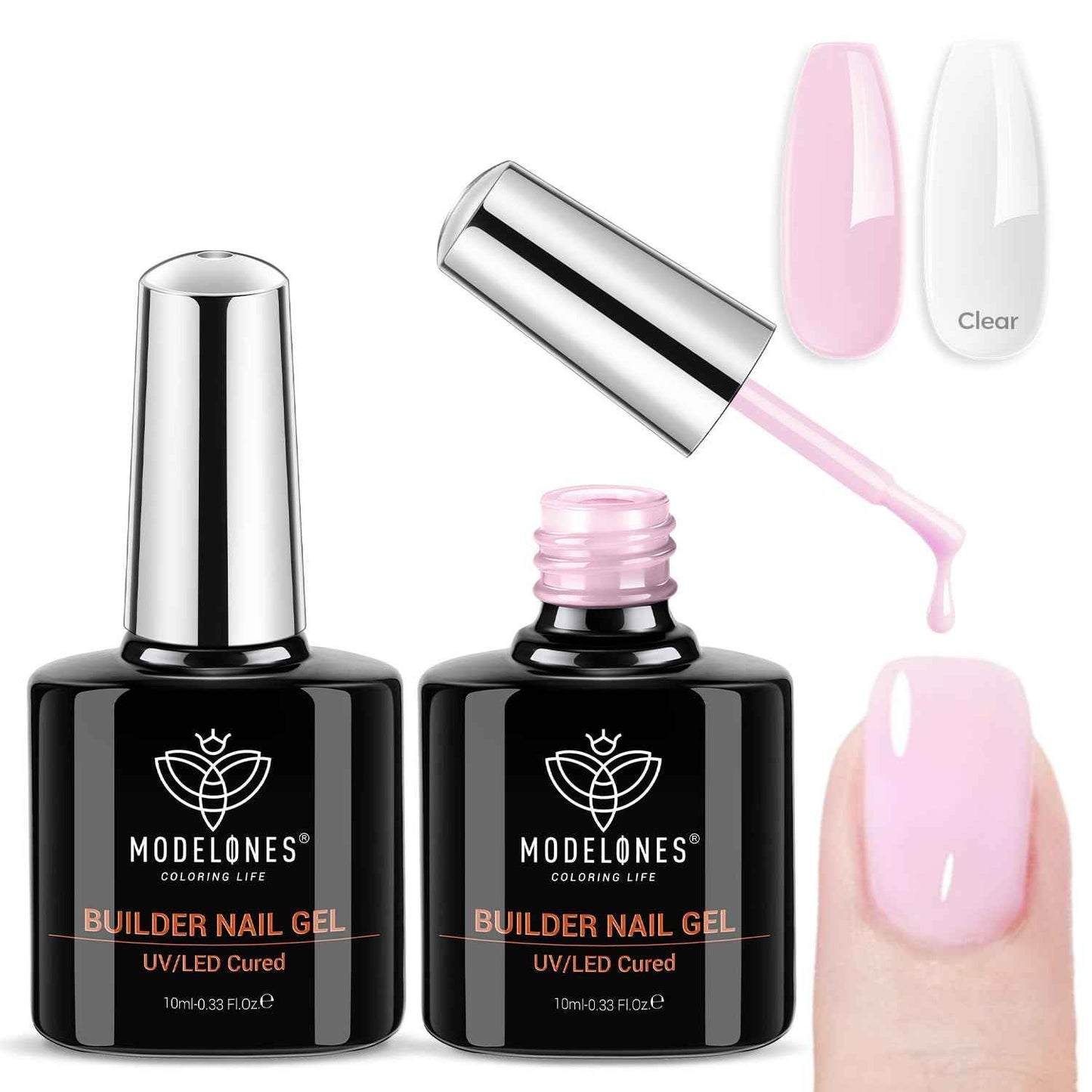 modelones Builder Nail Gel, 2 Pcs Clear and Cover Nude Builder Nail Polish, 8-in-One Apex Building Thickening Strengthener Extension Rubber Color Base Gel for DIY Home Salon Gifts LED Lamp Cured 10ml