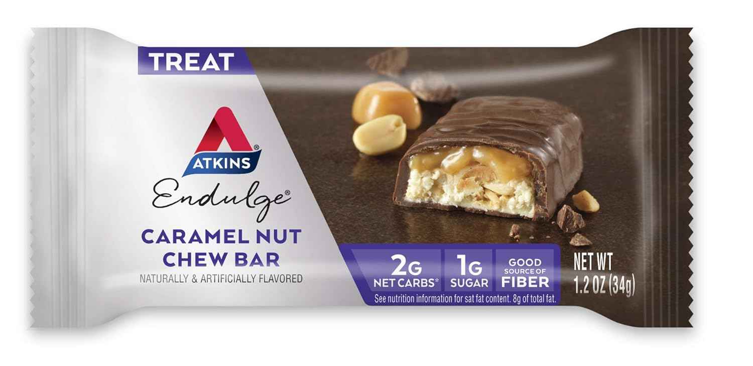 Atkins Endulge Caramel Nut Chew Bar, Low Sugar Snack, Dessert Bar, High Fiber Bar 1g Sugar, 10 Count