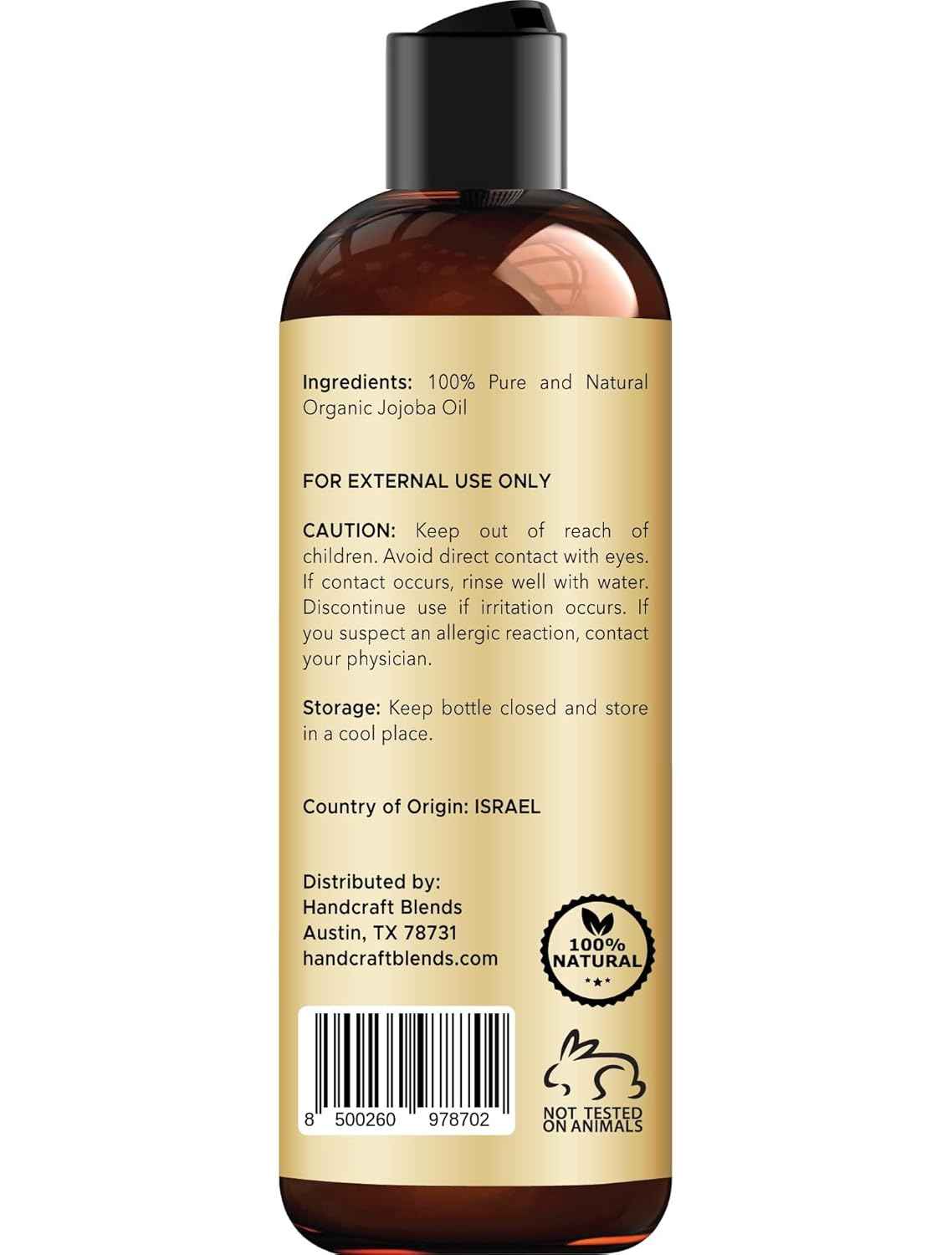 Handcraft Blends USDA Organic Jojoba Oil | Cold-Pressed | 100% Pure & Natural | for Hair, Skin & Face | Premium Grade Carrier Oil | for Massage & Aromatherapy | Hexane-Free