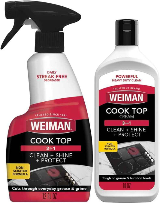 Weiman Ceramic and Glass Cooktop - Stove Top Daily Cleaner Kit - Glass Induction Cooktop Cleaning Bundle for Heavy Duty Mess Cleans Burnt-on Food