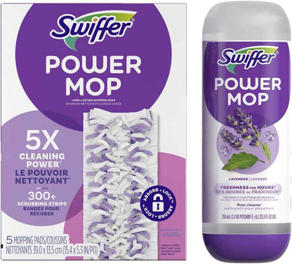 Swiffer Power Mop Refill Pack, Floor Cleaner for Mopping Tile, Vinyl, Laminate, Wood in Home, Bathroom, Kitchen, All Purpose Multi-Surface Cleaning, 5 Pads + 1 Lavender Solution