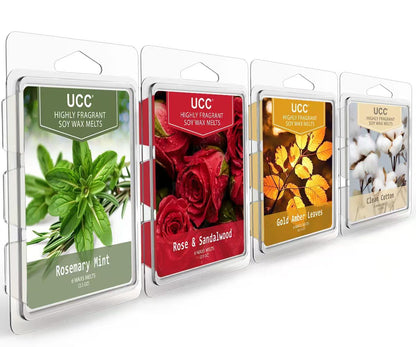UCC Wax Melts, Soy Wax Cubes Strong Scent Long Lasting Premium Scented Mix Melts Tarts-Rosemary Mint, Rose &amp;amp; Sandalwood, Gold Amber Leaves, Clean Cotton - 4 Pack
