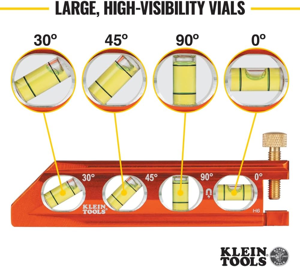 Klein_Tools_935AB4V_Level,_6-Inch_Magnetic_Torpedo_and_Conduit_Level_with_0/30/45/90_Degree_Vials,_V-Groove_and_Magnet_Track,_High_Visibility_Orange