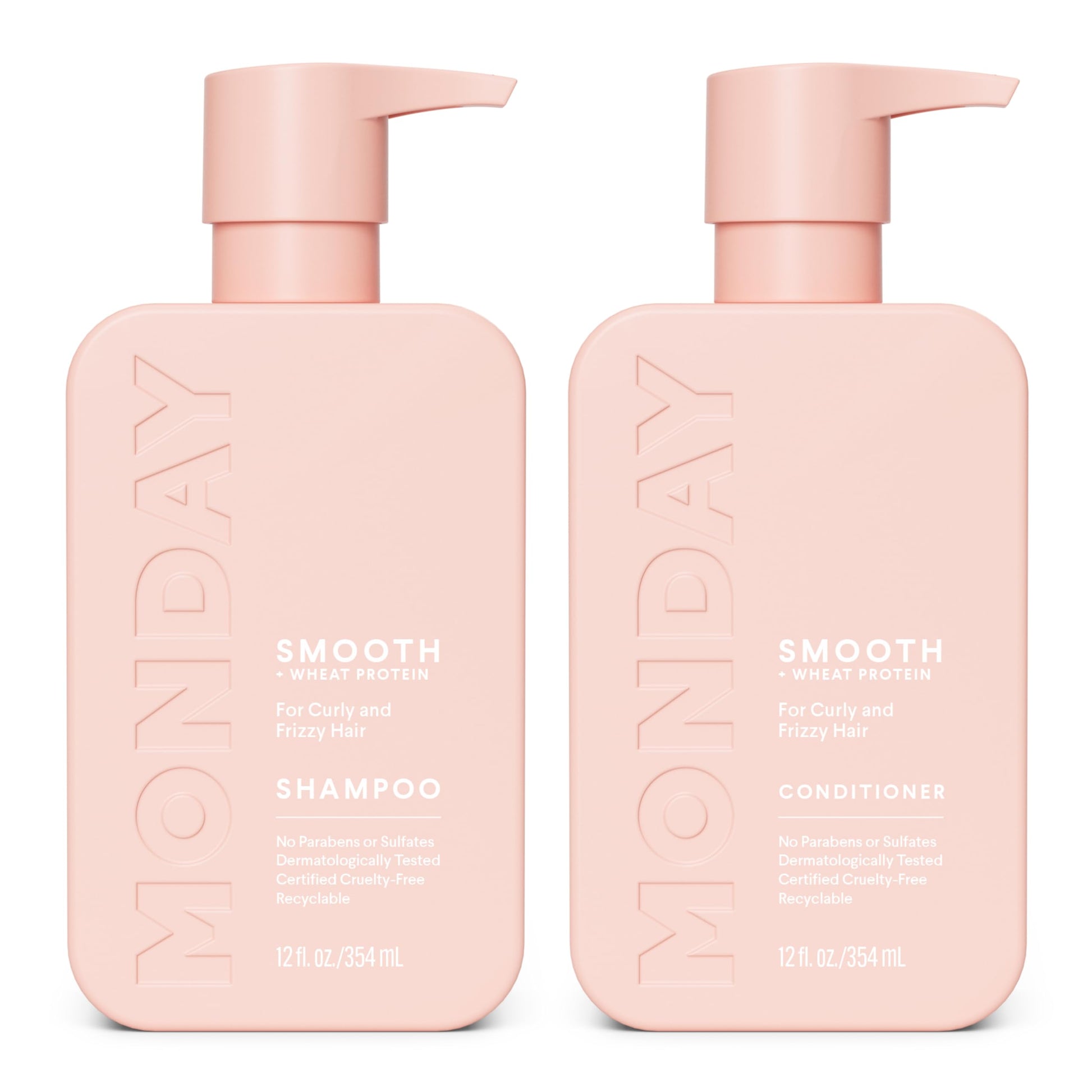 MONDAY HAIRCARE Smooth Shampoo + Conditioner Bathroom Set (2 Count) 12 oz Each For Frizzy, Coarse &amp;amp; Curly Hair Made with Coconut Oil, Shea Butter &amp;amp; Vitamin E 100% Recyclable Bottle Pink