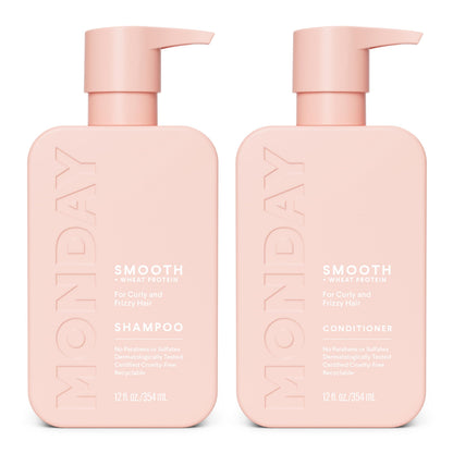 MONDAY HAIRCARE Smooth Shampoo + Conditioner Bathroom Set (2 Count) 12 oz Each For Frizzy, Coarse &amp;amp; Curly Hair Made with Coconut Oil, Shea Butter &amp;amp; Vitamin E 100% Recyclable Bottle Pink