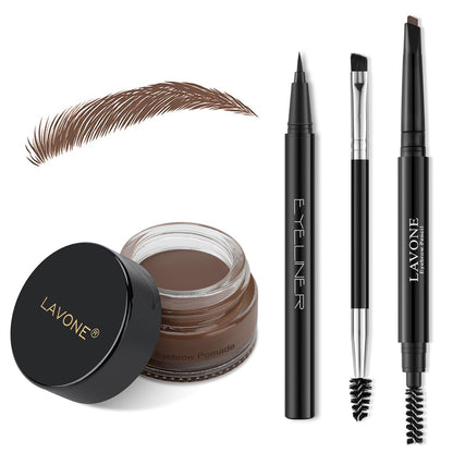 LAVONE Eyebrow Stamp Pencil Kit - Waterproof Eyebrow Pencil, Eyeliner, Pomade, Dual-ended Brush - Grey Brown