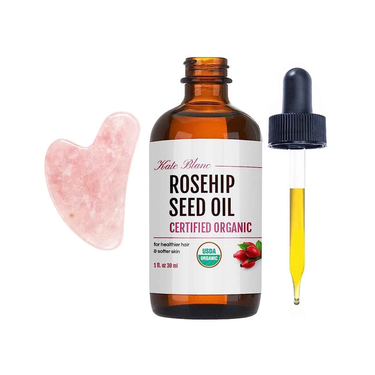 Kate Blanc Cosmetics Rosehip Seed Oil for Face, 100% Pure Organic | Cold Pressed Unrefined Rose Hip Facial Oil for Skin, Hair & Gua Sha Massage (1oz)