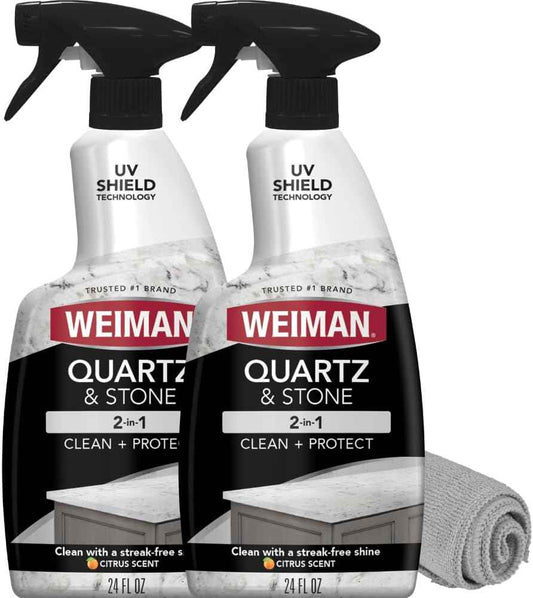 Weiman Quartz Countertop Cleaner and Polish - Clean and Shine Your Countertops Islands and Stone Surfaces with UV Protection, 24 Ounce with MicroFiber Towel, 2 Pack