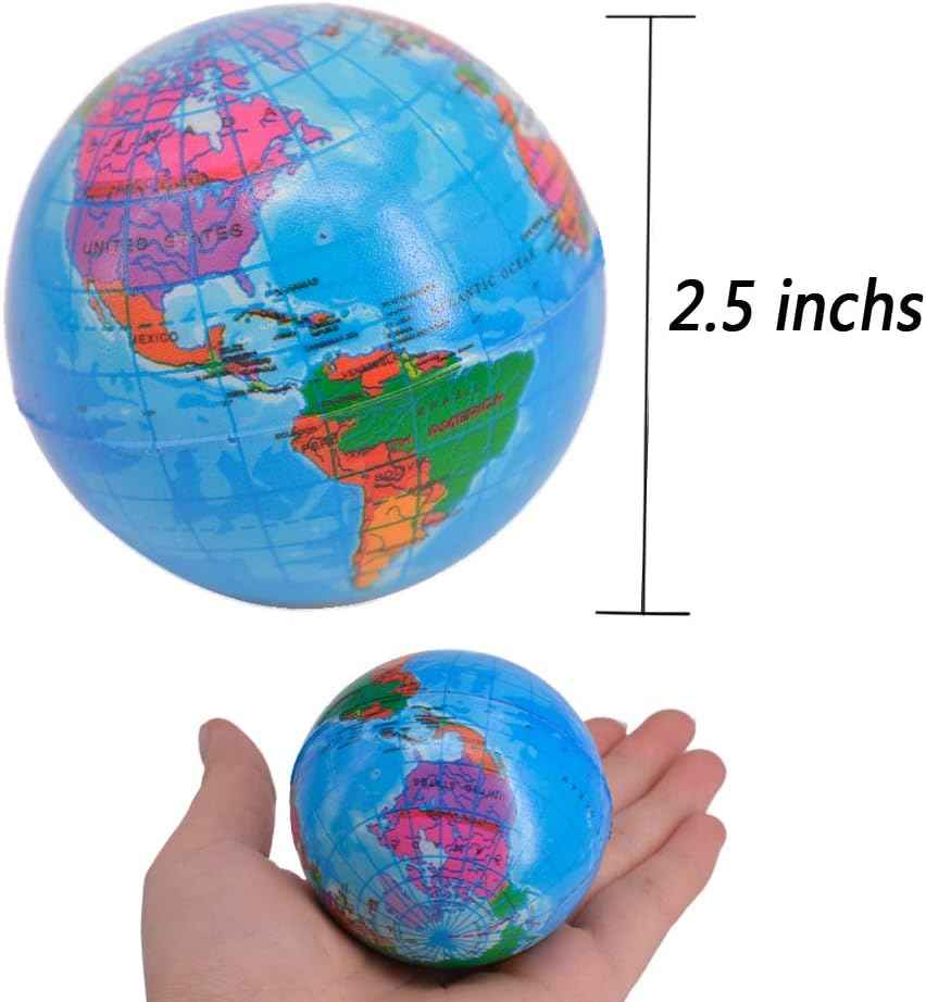 24 Pack Squeezable World Stress Balls for Kids Mini Earth Ball - Pressure Relieving Health Balls Globe Pattern Balls , School, Classroom, Party Favors (2.5" Inches)